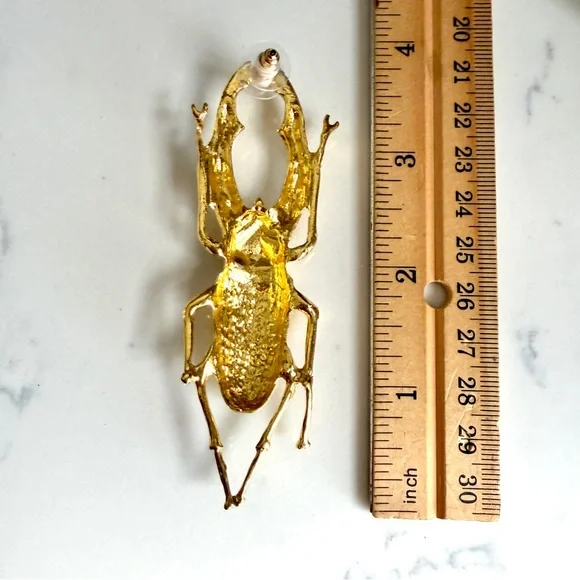 Gold Stag Beetle Crystal Earrings Jumbo Insect Scarab Bug Vtg Style Jewelry NEW - Picture 8 of 10